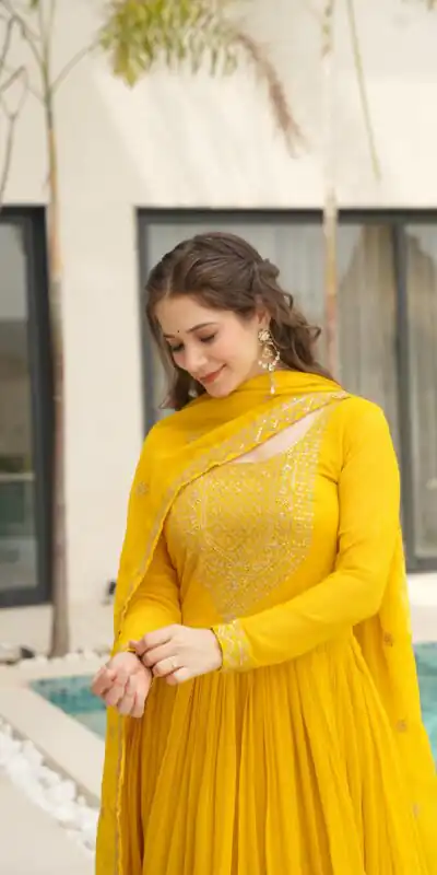 KA 1162 Yellow Faux Blooming Gown with Embroidery Work & Zari Work. Available at ₹2649 only. Delivery 4-6 Working Days. Shop now. | Gowns, Bollywood Gowns, Creative Gowns, Designer Gowns, Embroidered Gowns, Party Wear Gowns