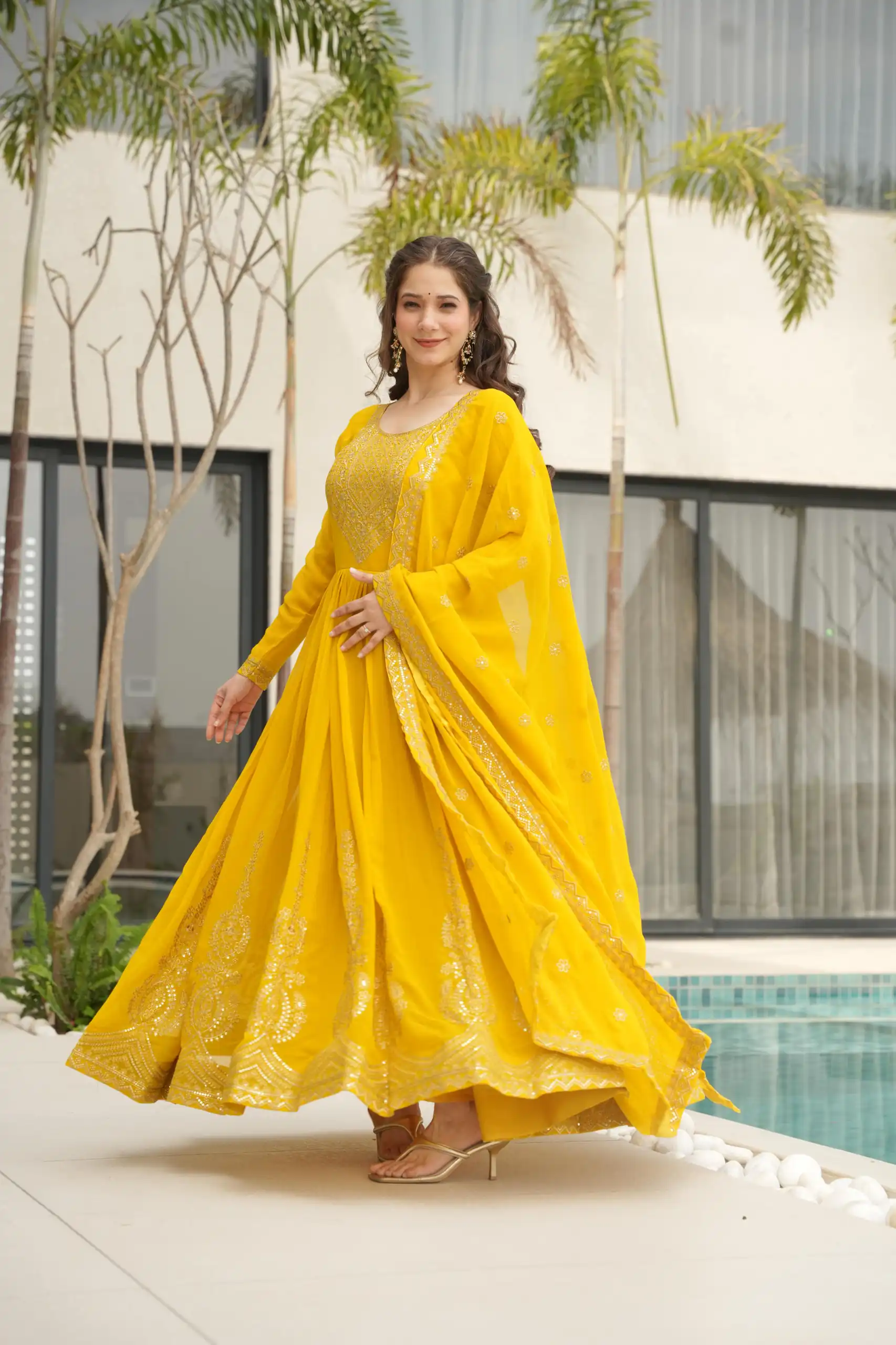 KA 1162 Yellow Faux Blooming Gown with Embroidery Work & Zari Work. Available at ₹2649 only. Delivery 4-6 Working Days. Shop now. | Gowns, Bollywood Gowns, Creative Gowns, Designer Gowns, Embroidered Gowns, Party Wear Gowns
