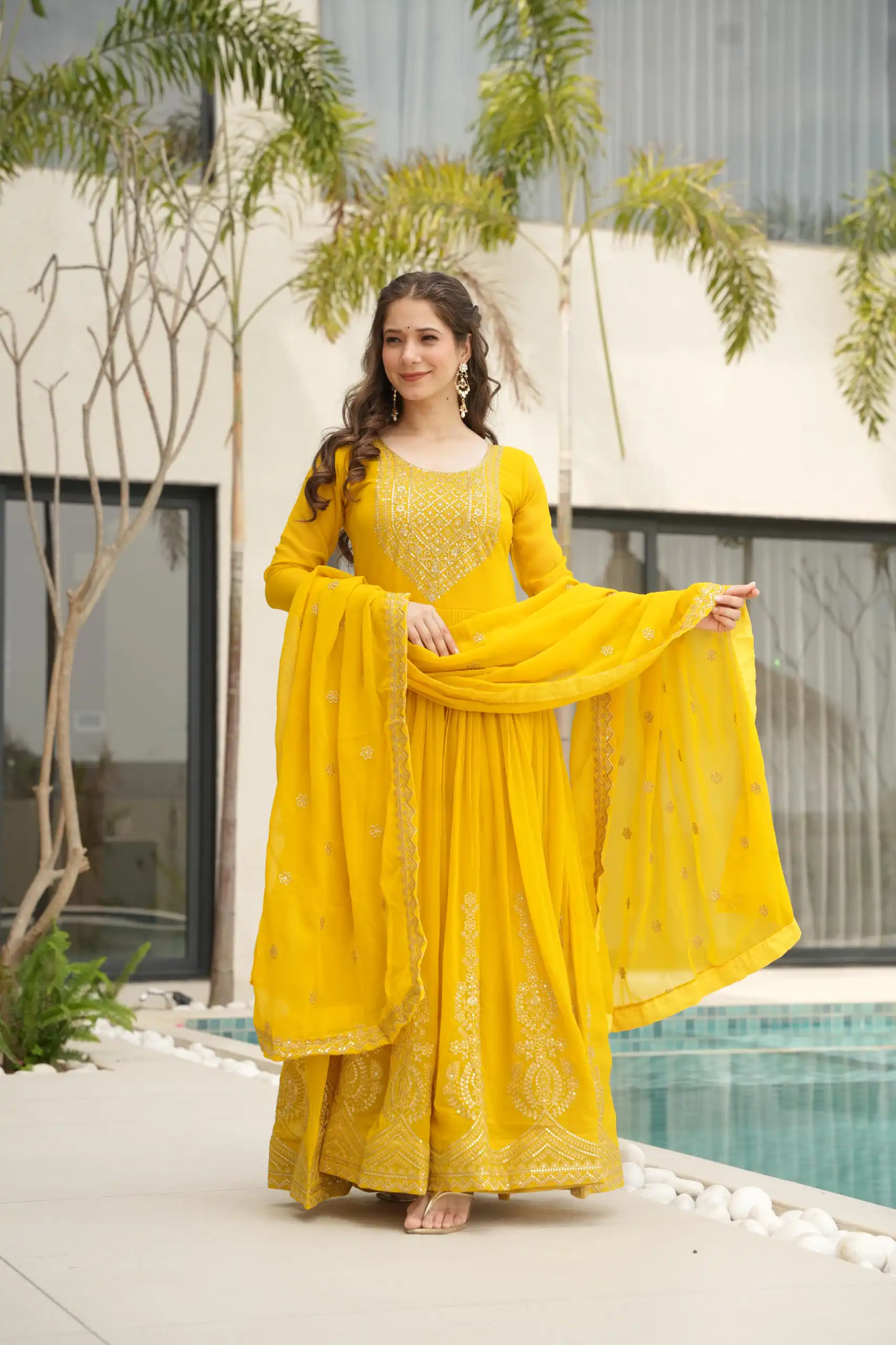 KA 1162 Yellow Faux Blooming Gown with Embroidery Work & Zari Work. Available at ₹2649 only. Delivery 4-6 Working Days. Shop now. | Gowns, Bollywood Gowns, Creative Gowns, Designer Gowns, Embroidered Gowns, Party Wear Gowns