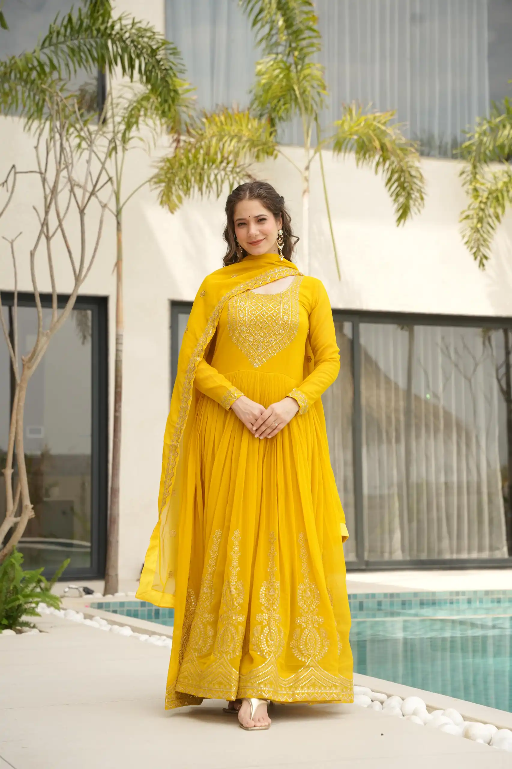KA 1162 Yellow Faux Blooming Gown with Embroidery Work & Zari Work. Available at ₹2649 only. Delivery 4-6 Working Days. Shop now. | Gowns, Bollywood Gowns, Creative Gowns, Designer Gowns, Embroidered Gowns, Party Wear Gowns