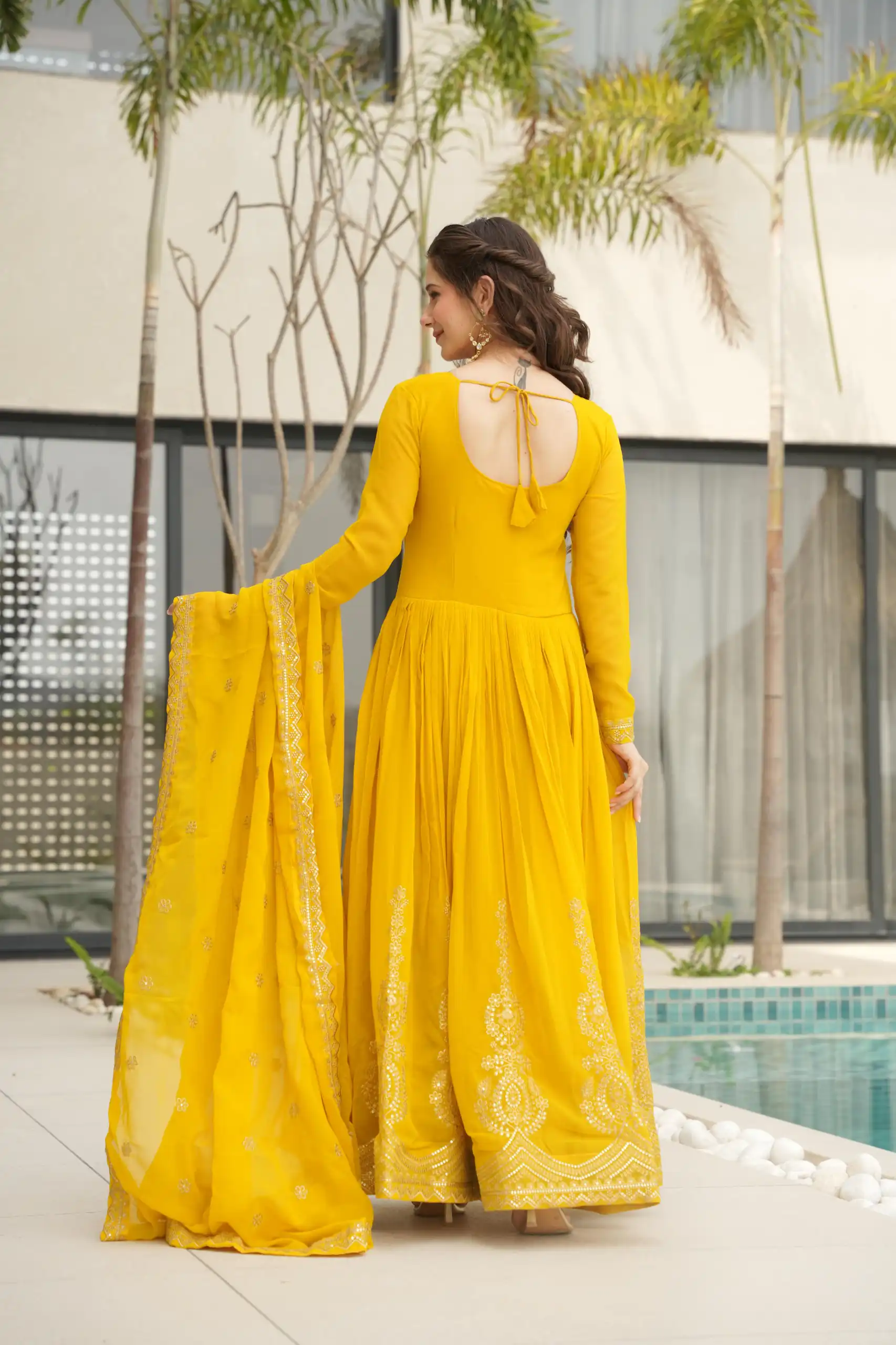 KA 1162 Yellow Faux Blooming Gown with Embroidery Work & Zari Work. Available at ₹2649 only. Delivery 4-6 Working Days. Shop now. | Gowns, Bollywood Gowns, Creative Gowns, Designer Gowns, Embroidered Gowns, Party Wear Gowns