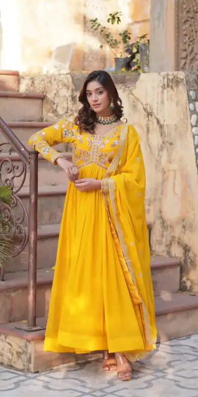 KA 1147 Yellow Faux Blooming Gown with Embroidery Work & Zari Work. Affordable Price ₹2049. Delivery 4-6 Working Days. Shop now. | Gowns, Bollywood Gowns, Creative Gowns, Designer Gowns, Embroidered Gowns, Party Wear Gowns