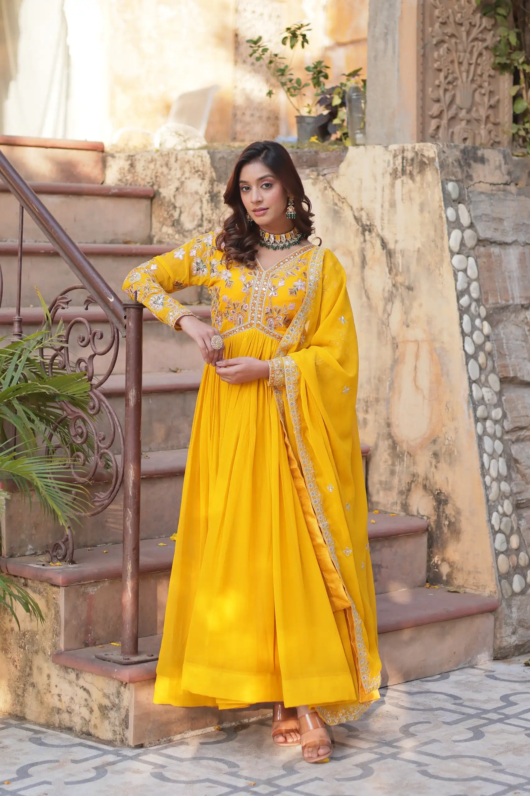 KA 1147 Yellow Faux Blooming Gown with Embroidery Work & Zari Work. Affordable Price ₹2049. Delivery 4-6 Working Days. Shop now. | Gowns, Bollywood Gowns, Creative Gowns, Designer Gowns, Embroidered Gowns, Party Wear Gowns