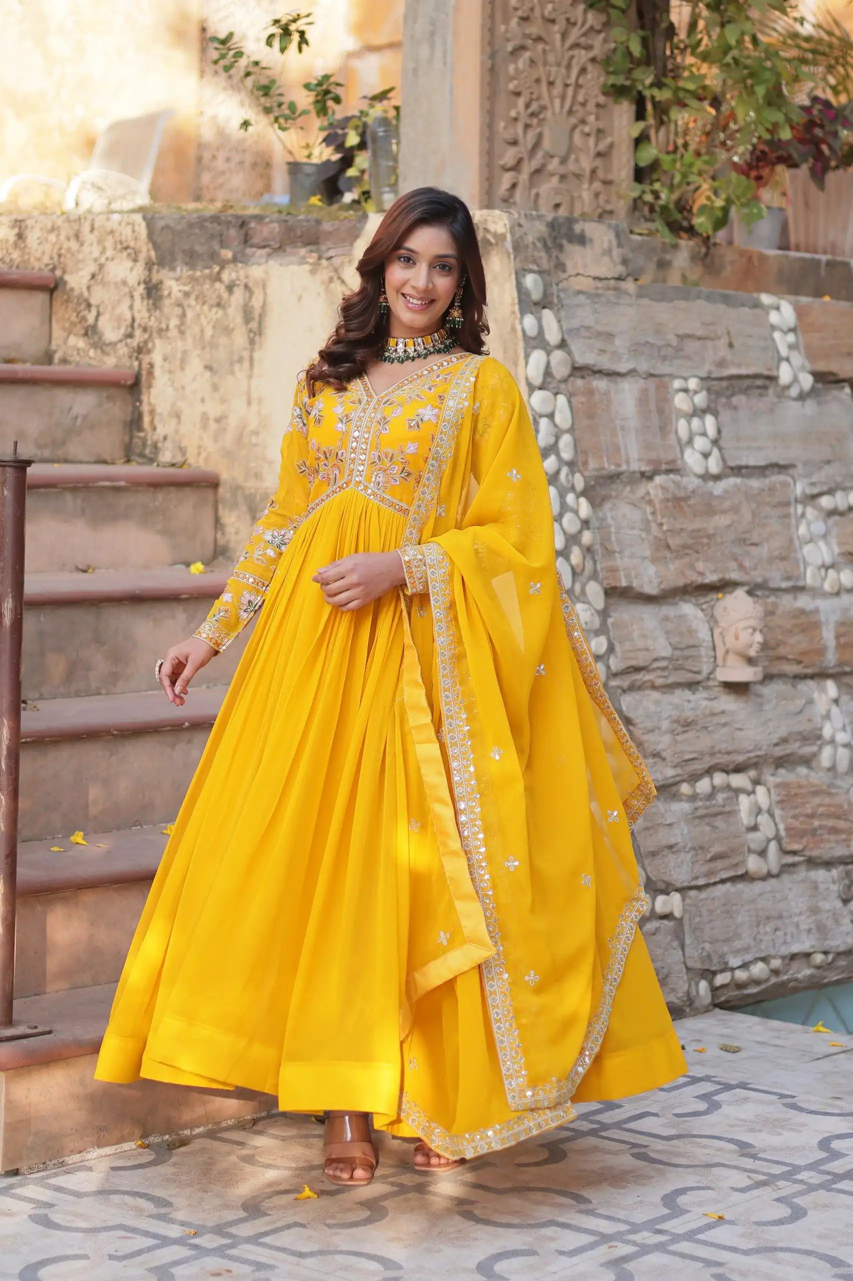 KA 1147 Yellow Faux Blooming Gown with Embroidery Work & Zari Work. Affordable Price ₹2049. Delivery 4-6 Working Days. Shop now. | Gowns, Bollywood Gowns, Creative Gowns, Designer Gowns, Embroidered Gowns, Party Wear Gowns