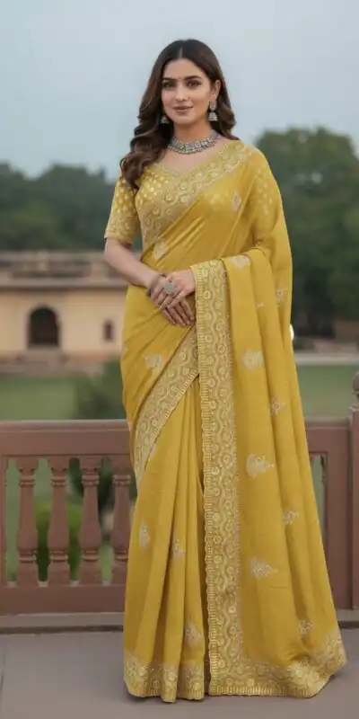JR 654 Yellow Color Soft Gold Crush Saree with Embroidery Work. Affordable Price ₹2049. Delivery 4-6 Working Days. Shop now. | Designer Sarees, Sarees, Bollywood Sarees, Creative Sarees, Embroidered Sarees, Ethnic Saree, Modern Digital sarees, Party Wear Sarees