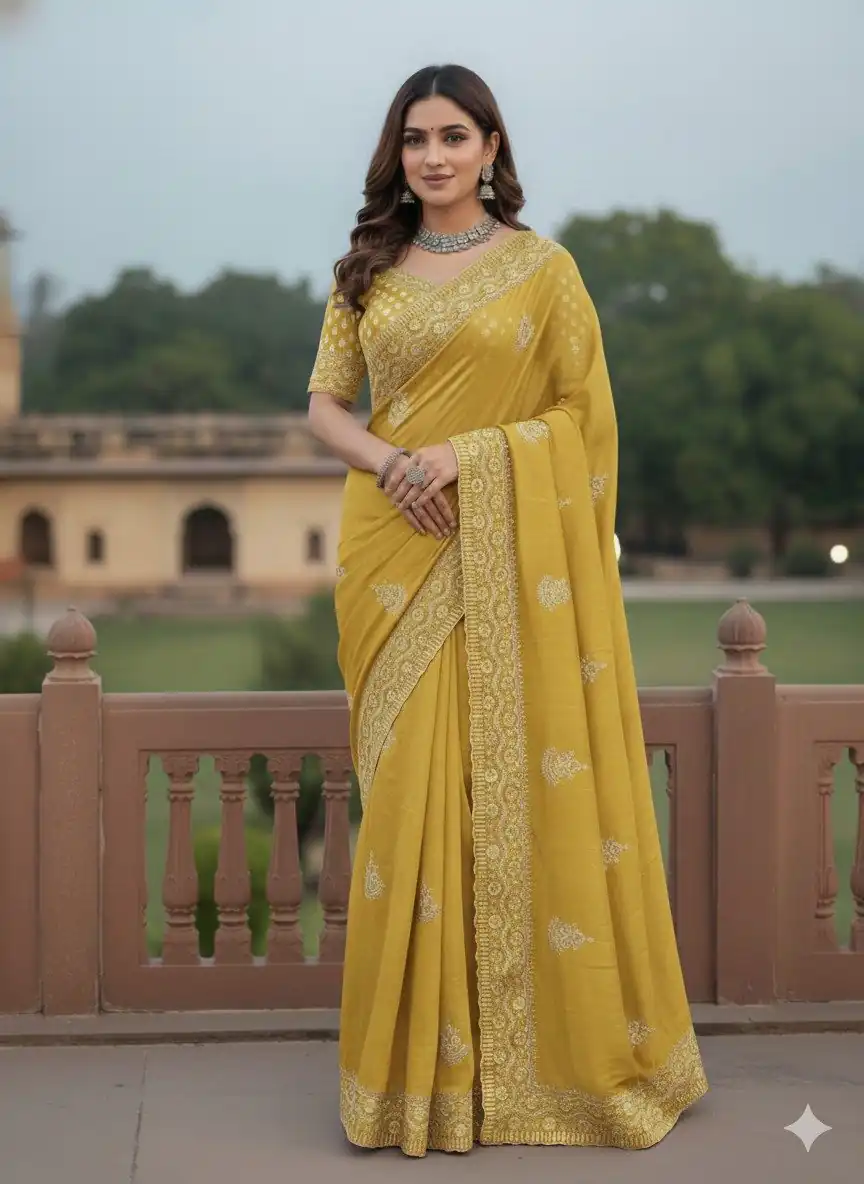 JR 654 Yellow Color Soft Gold Crush Saree with Embroidery Work. Affordable Price ₹2049. Delivery 4-6 Working Days. Shop now. | Designer Sarees, Sarees, Bollywood Sarees, Creative Sarees, Embroidered Sarees, Ethnic Saree, Modern Digital sarees, Party Wear Sarees