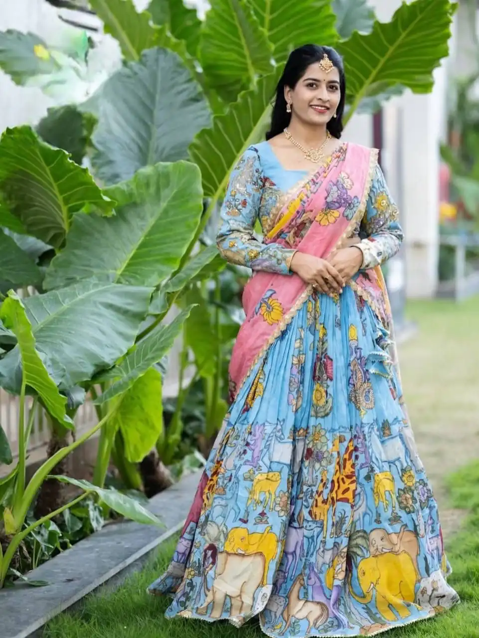 Aglow Blue Cotton Kalamkari Print Lehenga Choli - Image 4