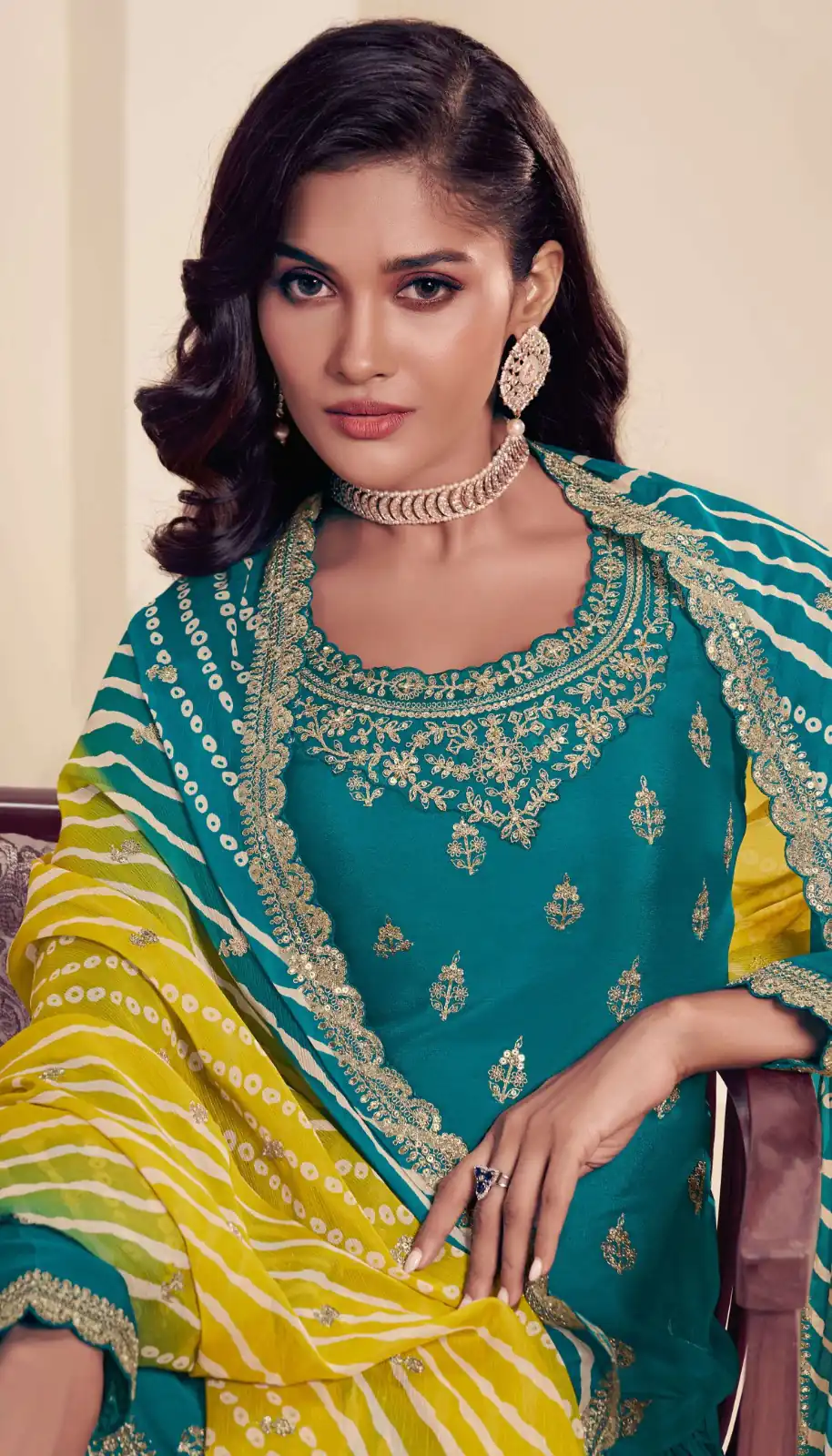 Aglow Teal Viscous Chinon Embroider Work Salwar Suit - Image 2