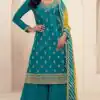 Aglow Teal Viscous Chinon Embroider Work Salwar Suit