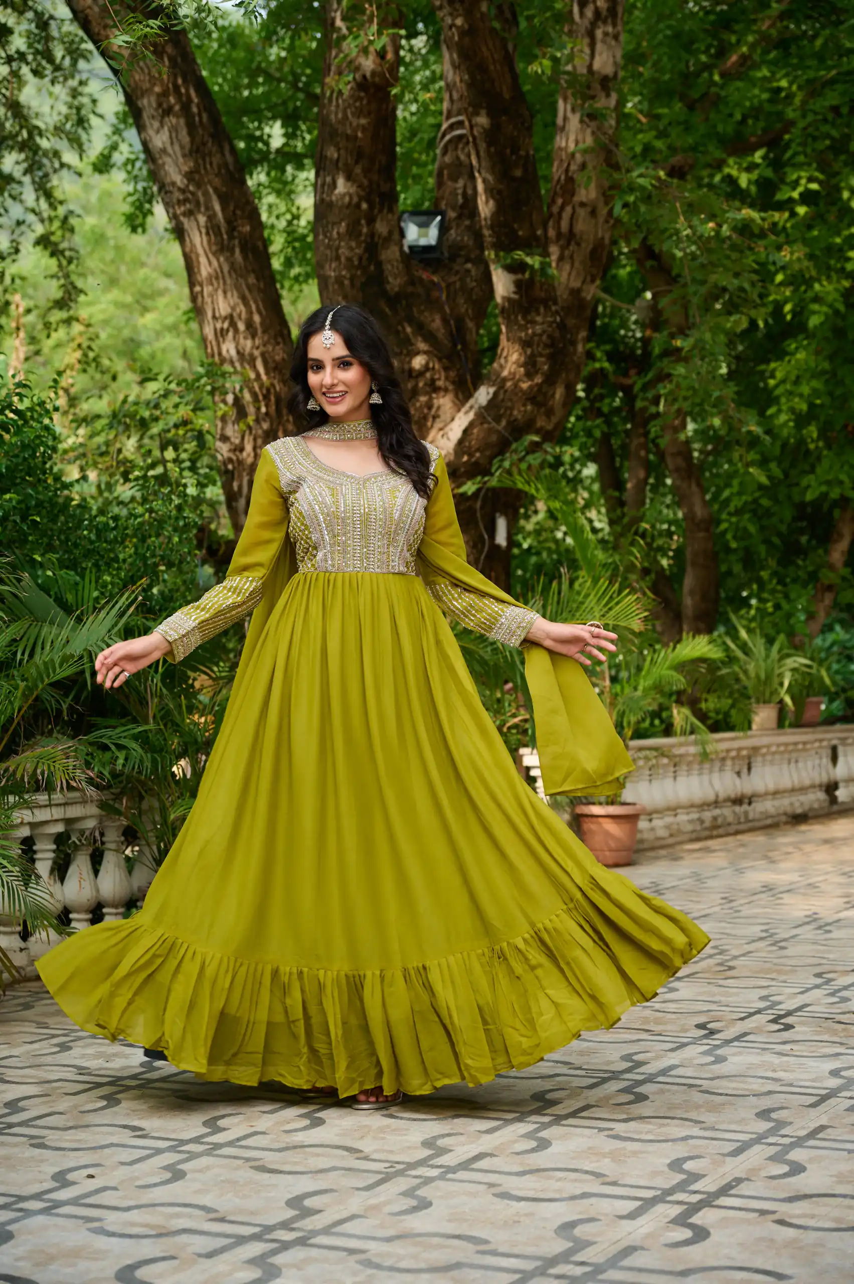 Alluring Green Georgette Beads Sequins Work Gown - Image 2