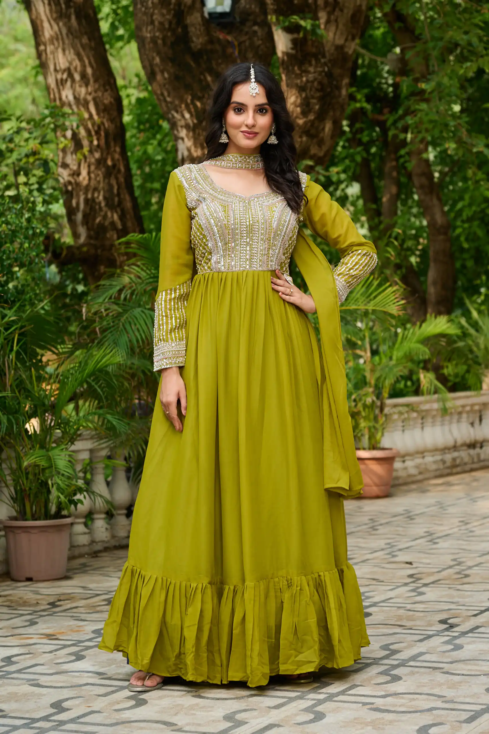 Alluring Green Georgette Beads Sequins Work Gown