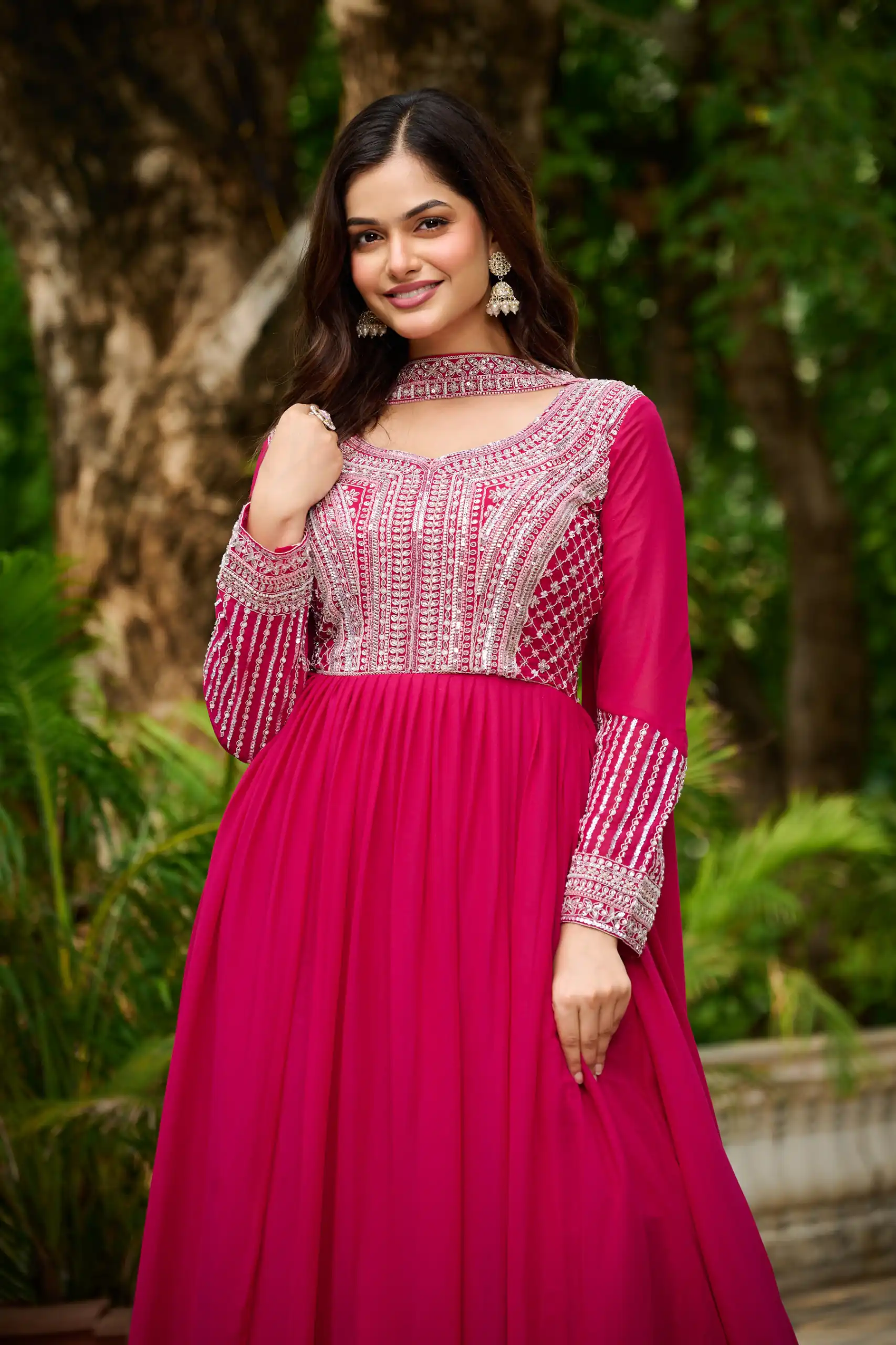 Alluring Pink Georgette Beads Sequins Work Gown - Image 2