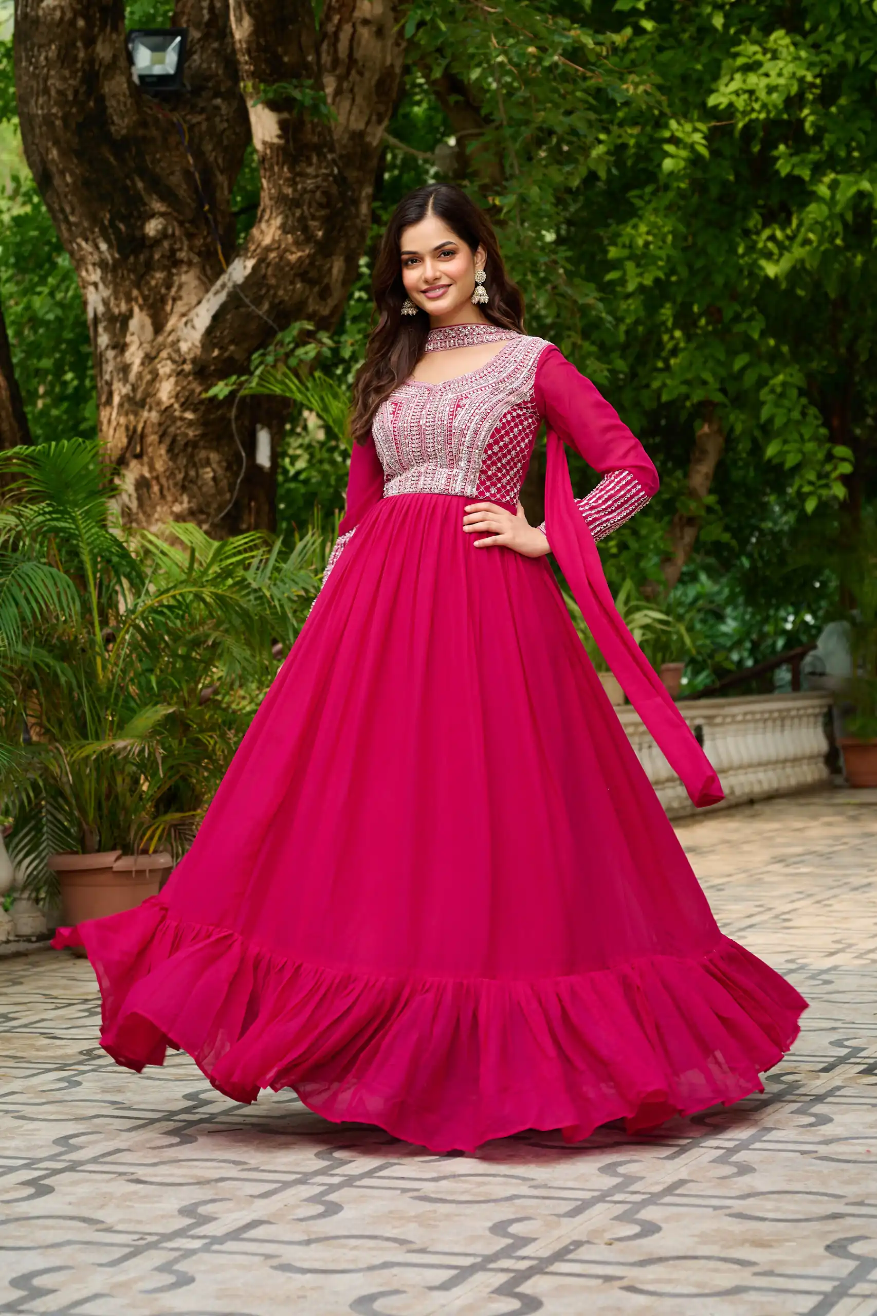 Alluring Pink Georgette Beads Sequins Work Gown