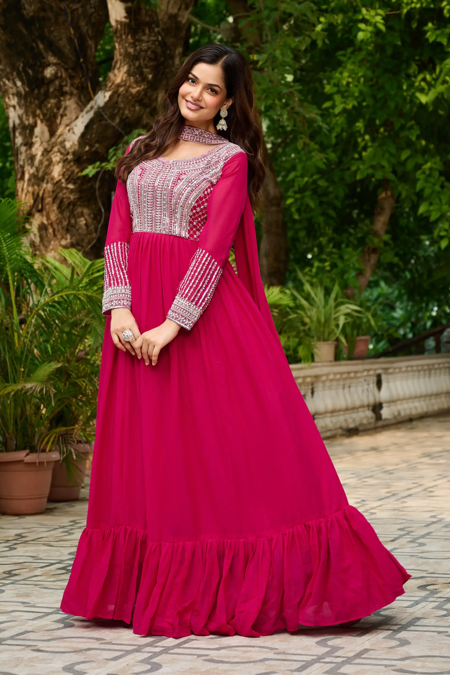 Alluring Pink Georgette Beads Sequins Work Gown - Image 3