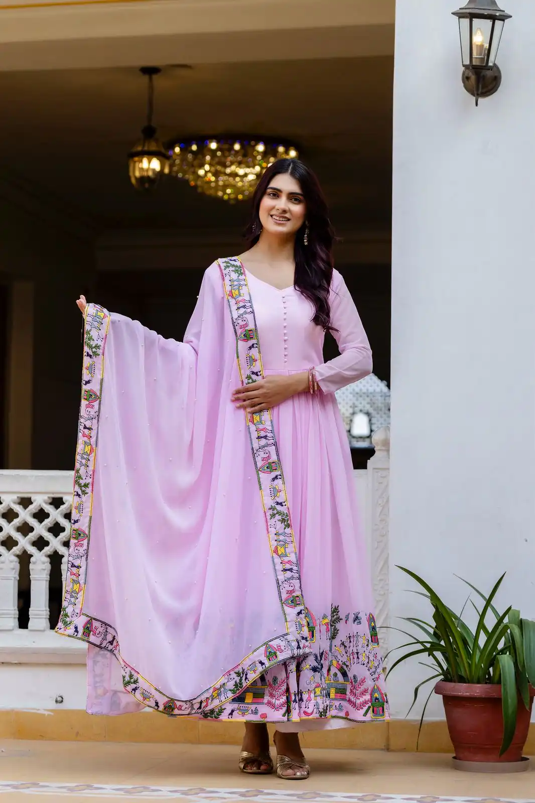 Alluring Pink Georgette Embroider Work Gown