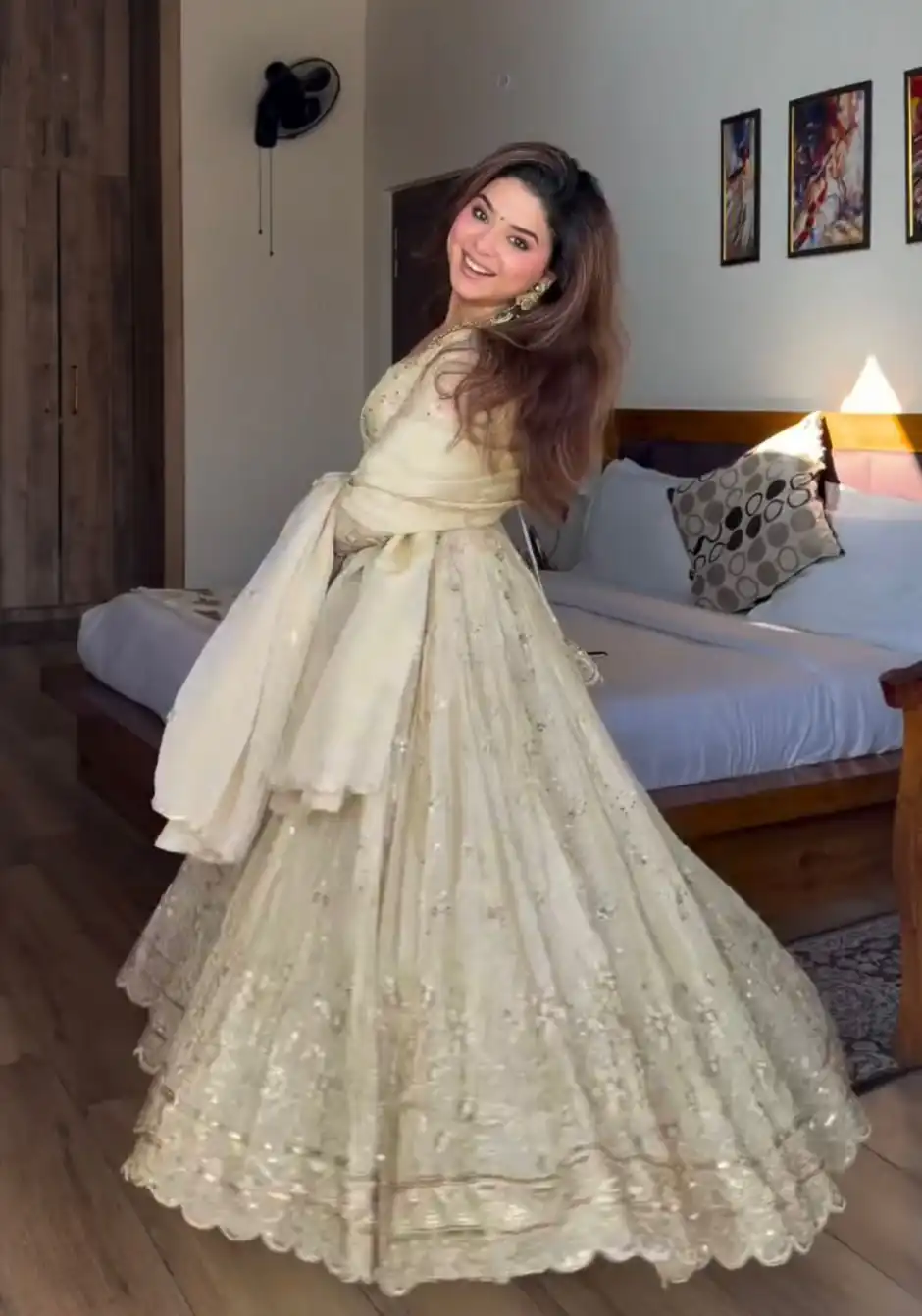 Attractive Cream Chinon Silk Sequence Work Gown