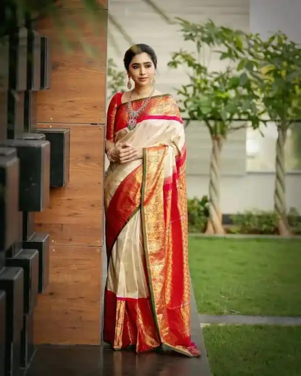 Classic Off White Lichi Silk Jacquard Work Saree