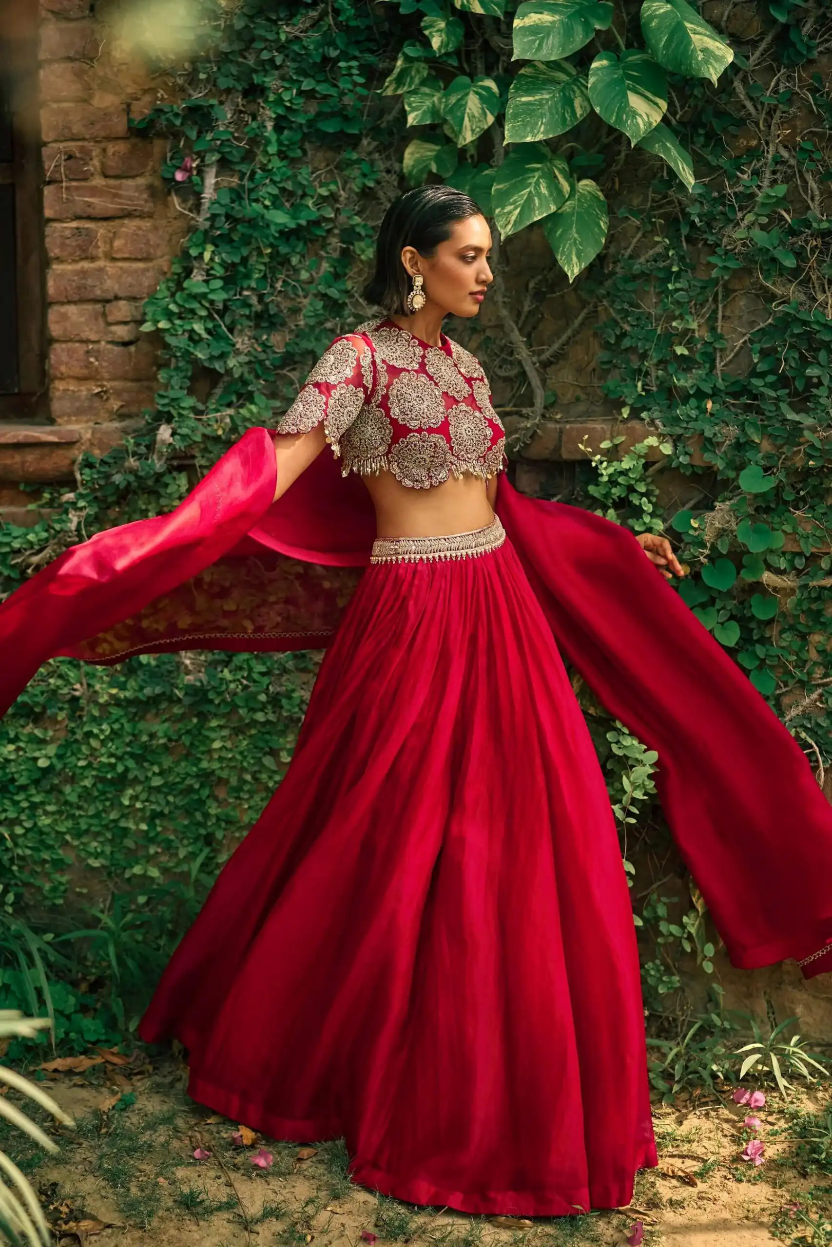 Classic Red Roman Silk Sequins Work Lehenga Choli - Image 4