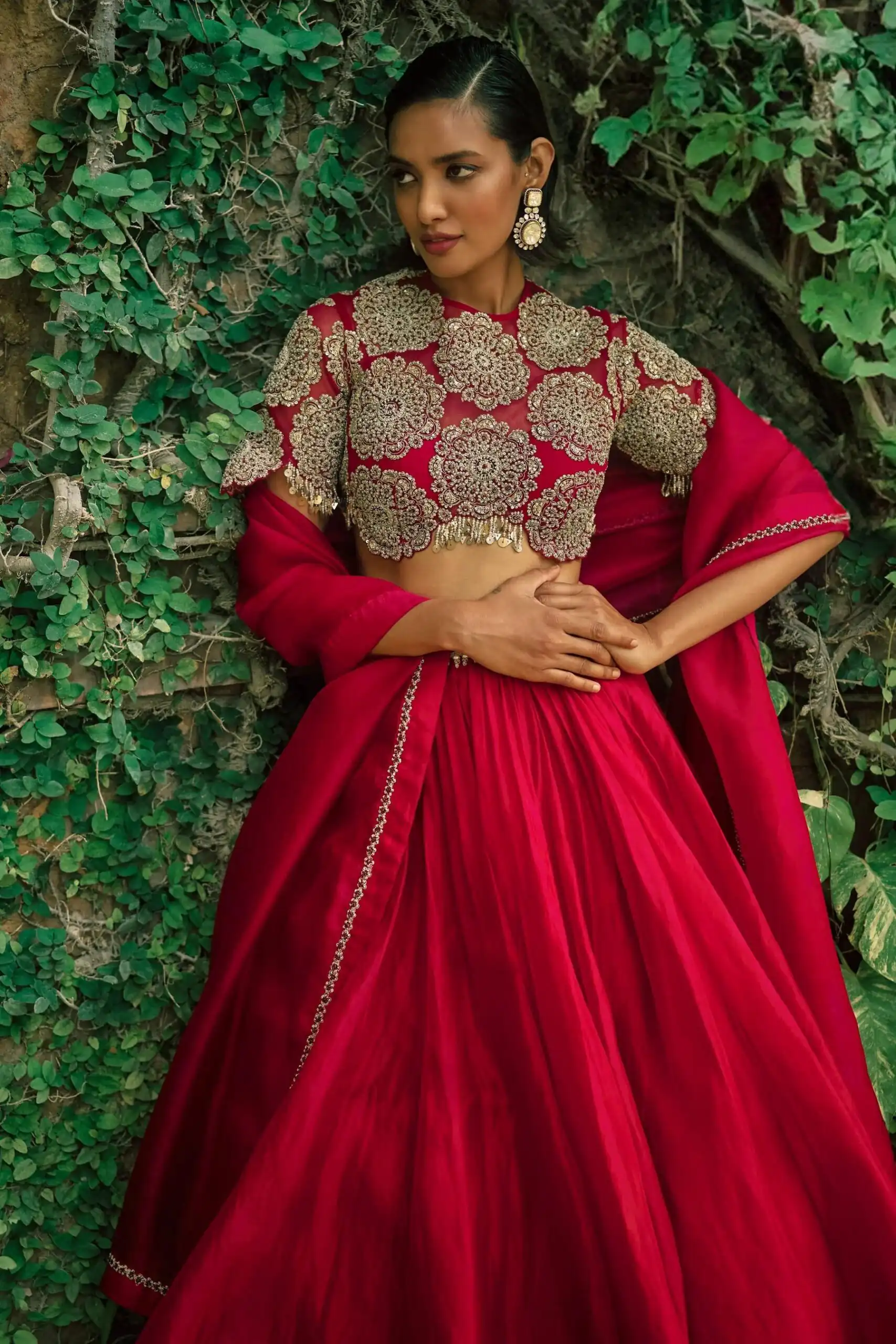 Classic Red Roman Silk Sequins Work Lehenga Choli - Image 2