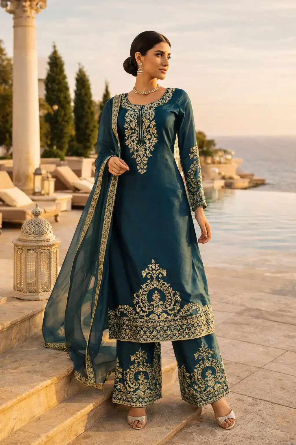 Classic Teal Blue Zimmy Silk Thread Work  Salwar Suit - Image 2