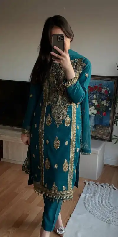 Darling Teal Chinon Silk Embroidery Work Salwar Suit