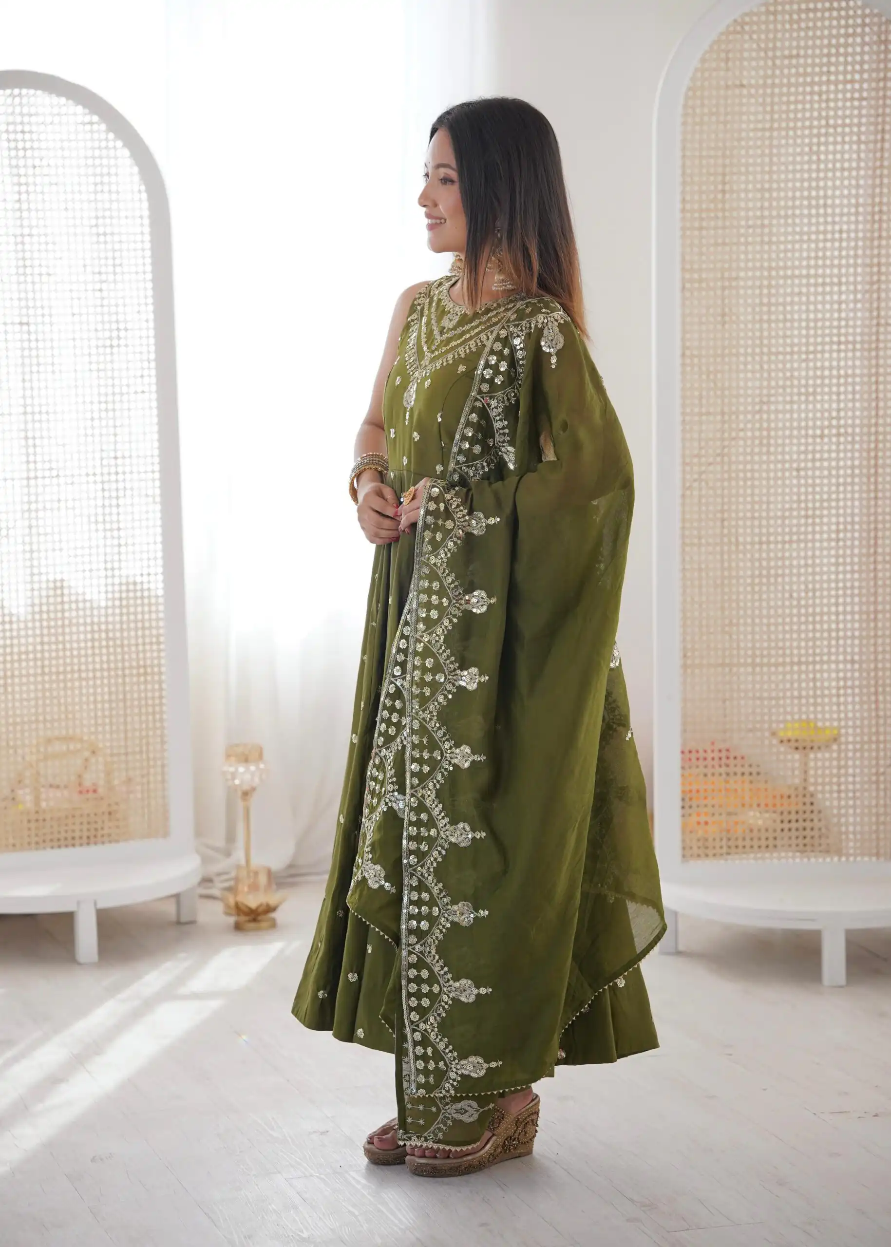 Elegant Mehendi Roman Silk Embroidery Work Gown - Image 4