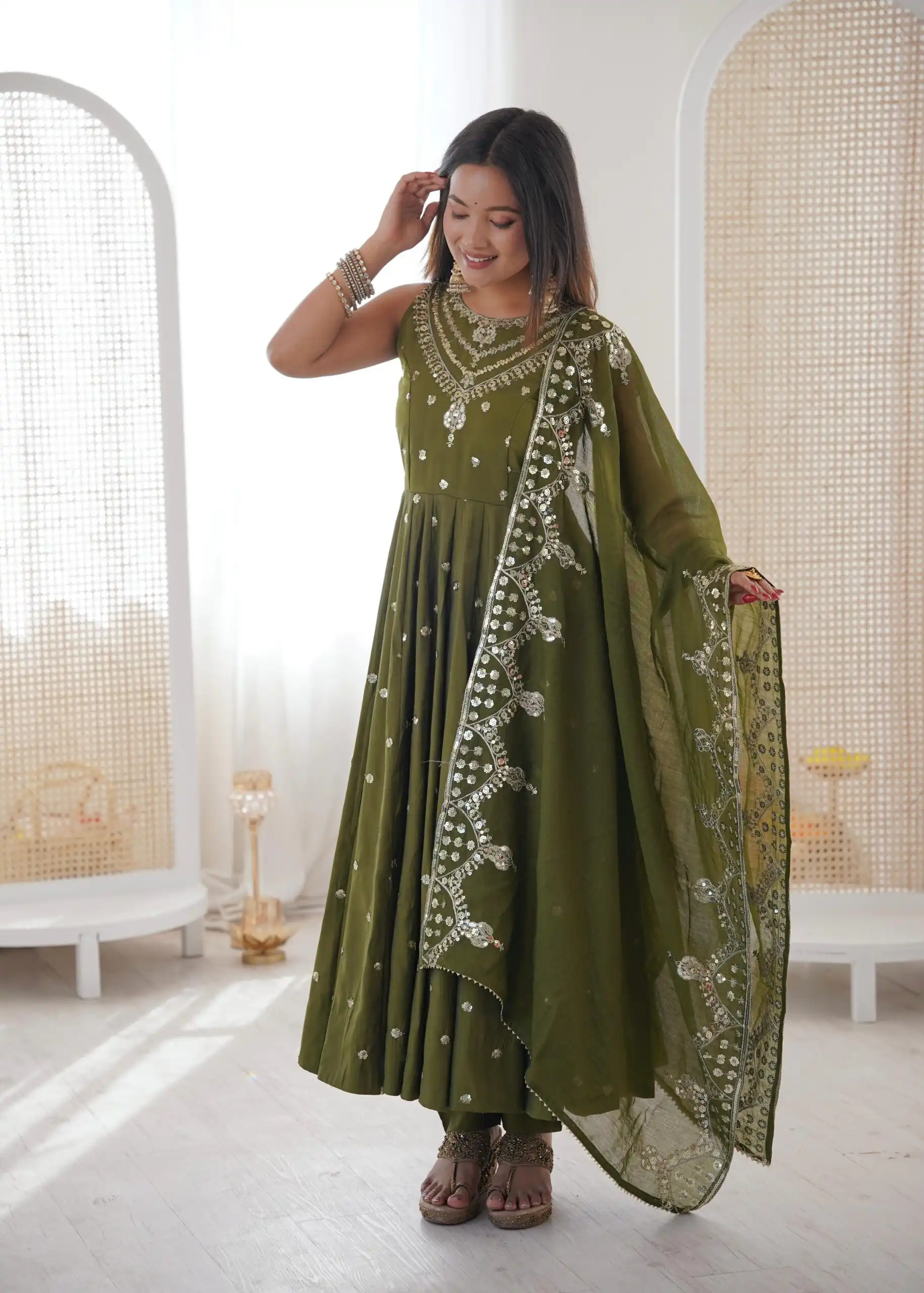 Elegant Mehendi Roman Silk Embroidery Work Gown - Image 3