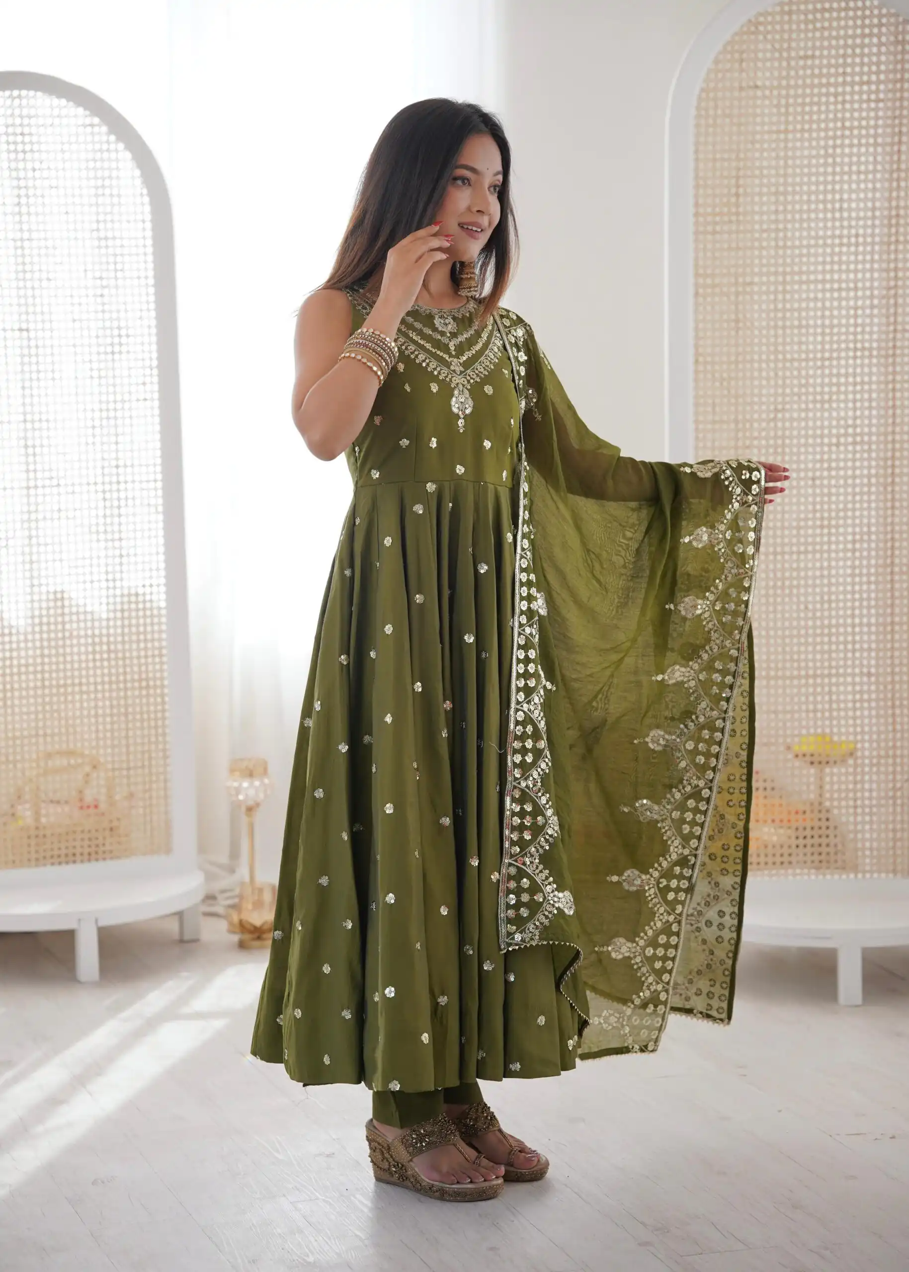 Elegant Mehendi Roman Silk Embroidery Work Gown - Image 2