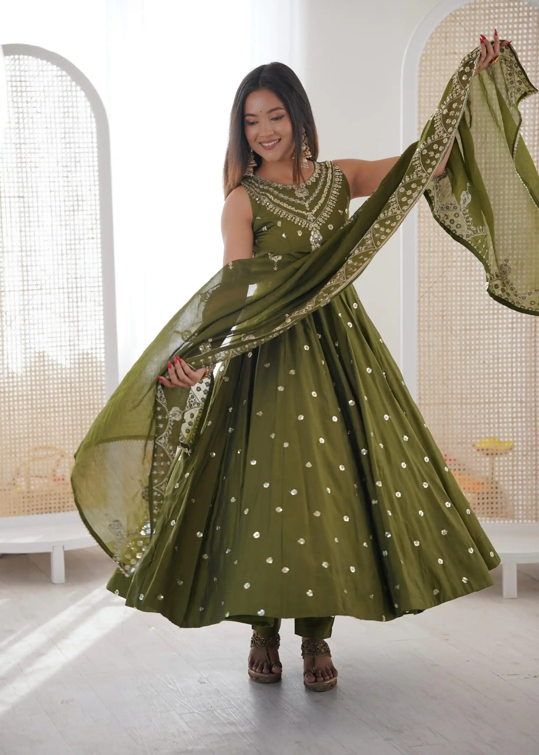 Elegant Mehendi Roman Silk Embroidery Work Gown