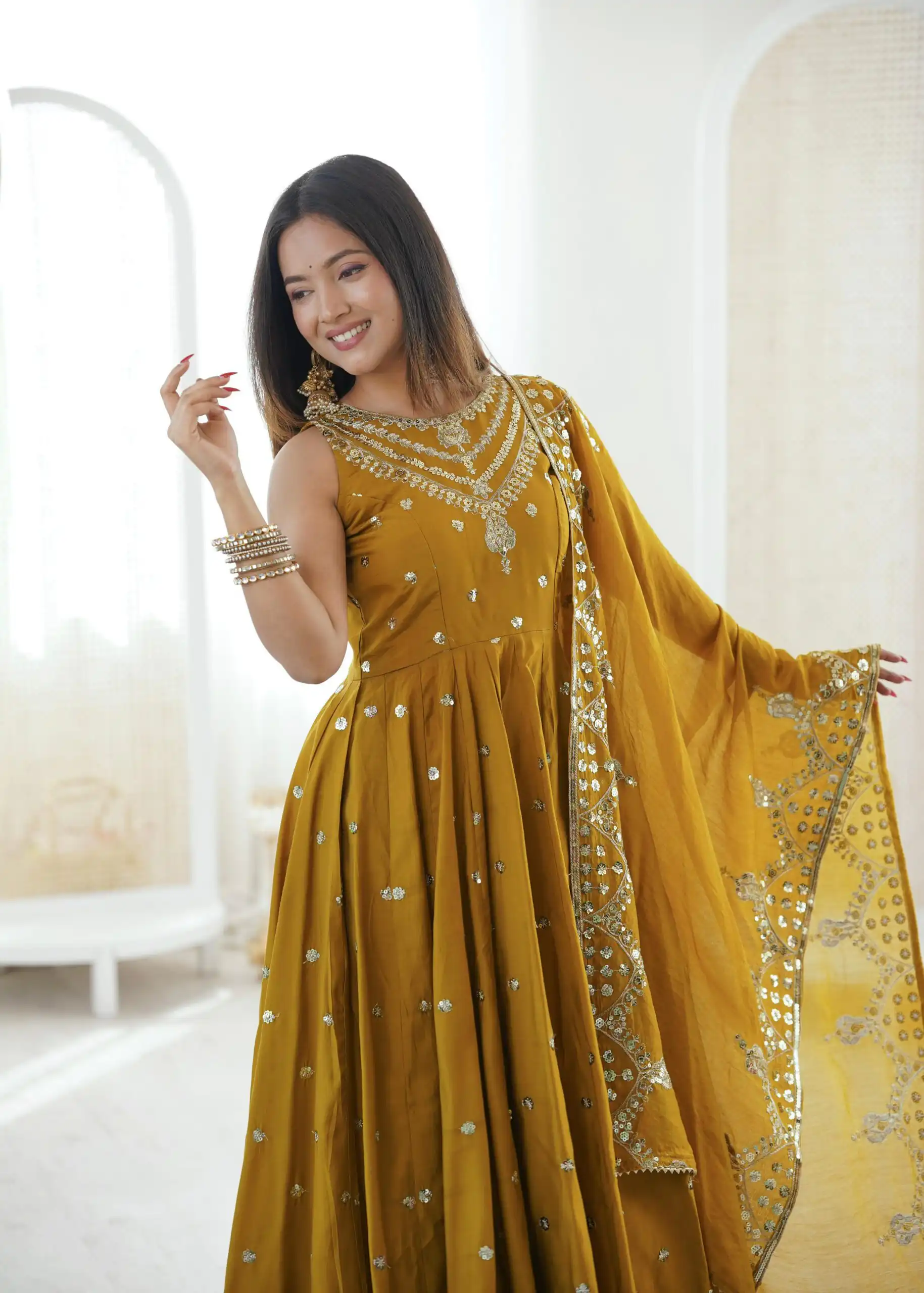 Elegant Mustered Roman Silk Embroidery Work Gown - Image 3