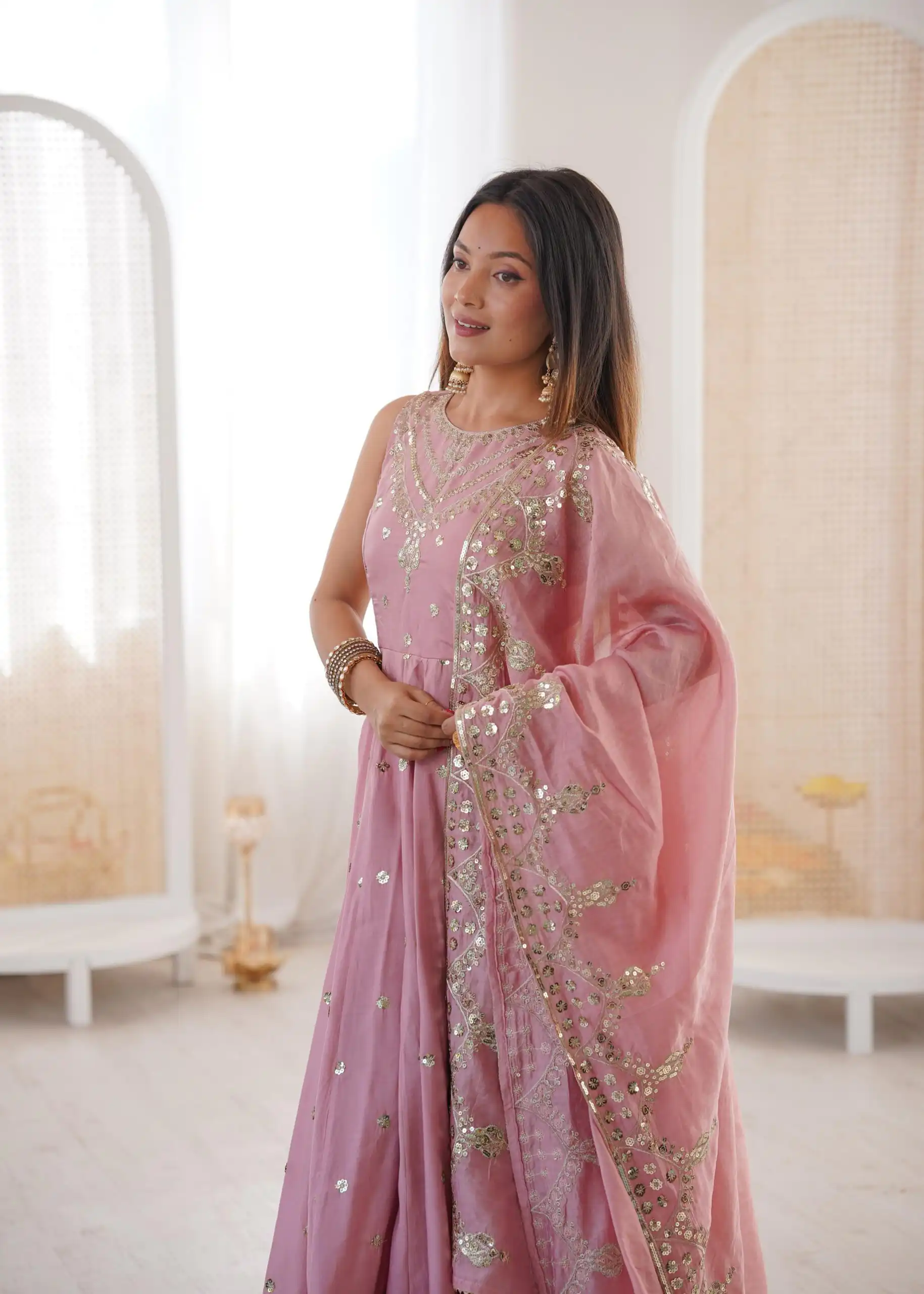 Elegant Pink Roman Silk Embroidery Work Gown - Image 5