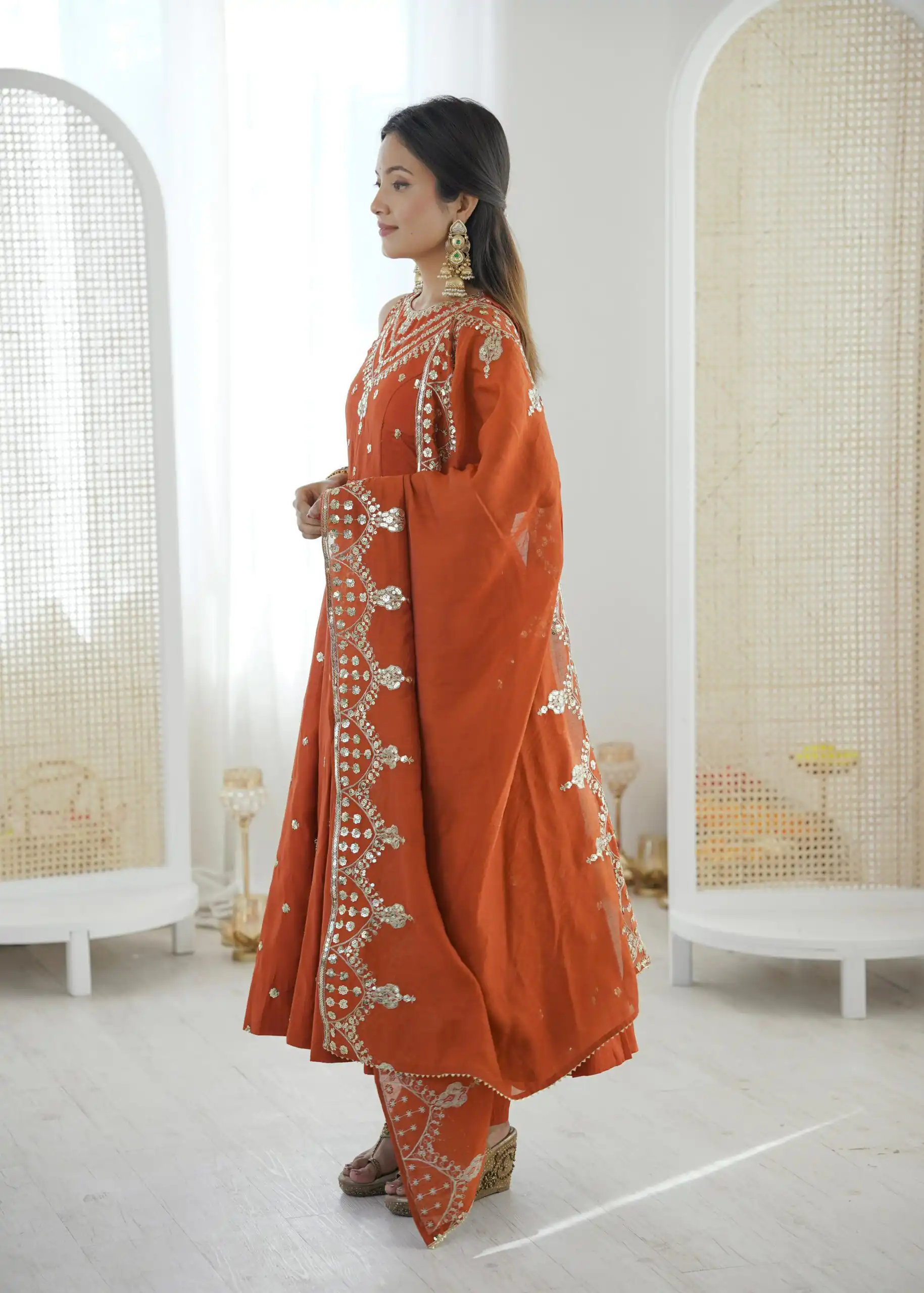Elegant Rust Roman Silk Embroidery Work Gown - Image 2