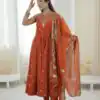 Elegant Rust Roman Silk Embroidery Work Gown