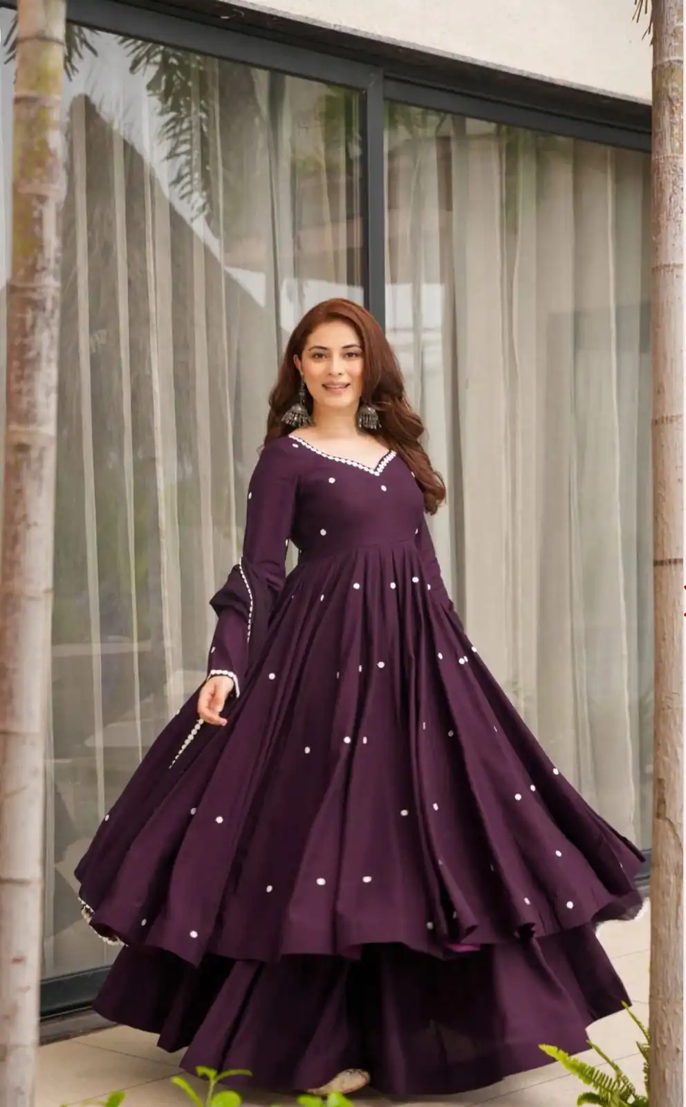 Fair Dark Purple Roman Silk Embroidery Work Anarkali Suit - Image 3