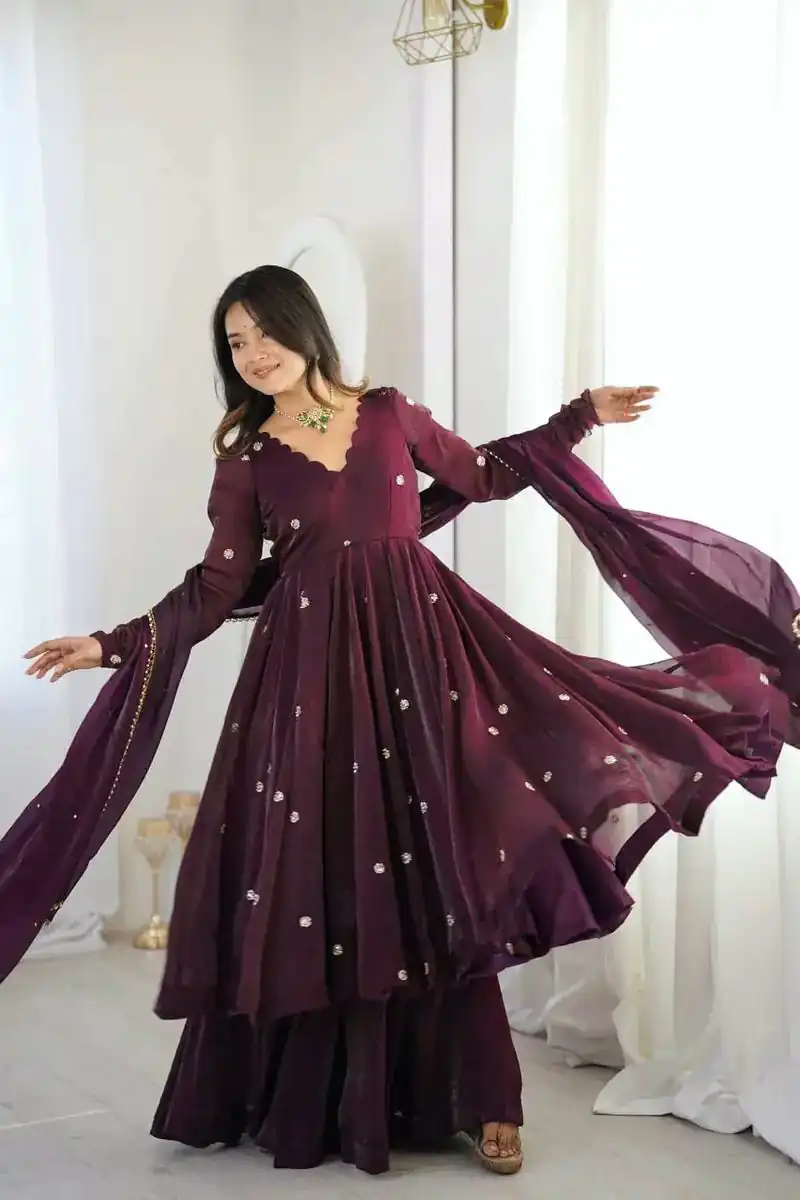 Graceful Wine Crunchy Silk Embroidery Work Gown - Image 6