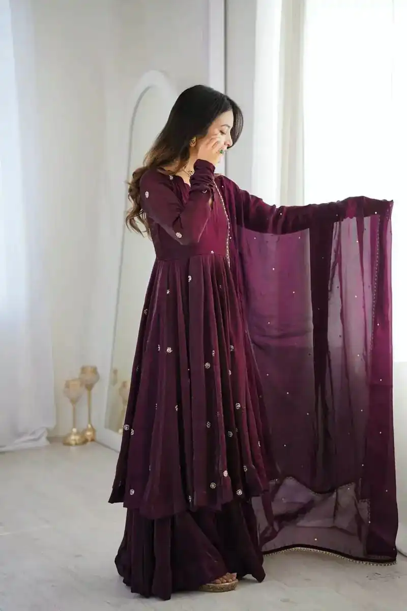 Graceful Wine Crunchy Silk Embroidery Work Gown - Image 4