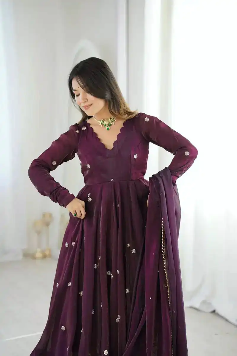 Graceful Wine Crunchy Silk Embroidery Work Gown - Image 3