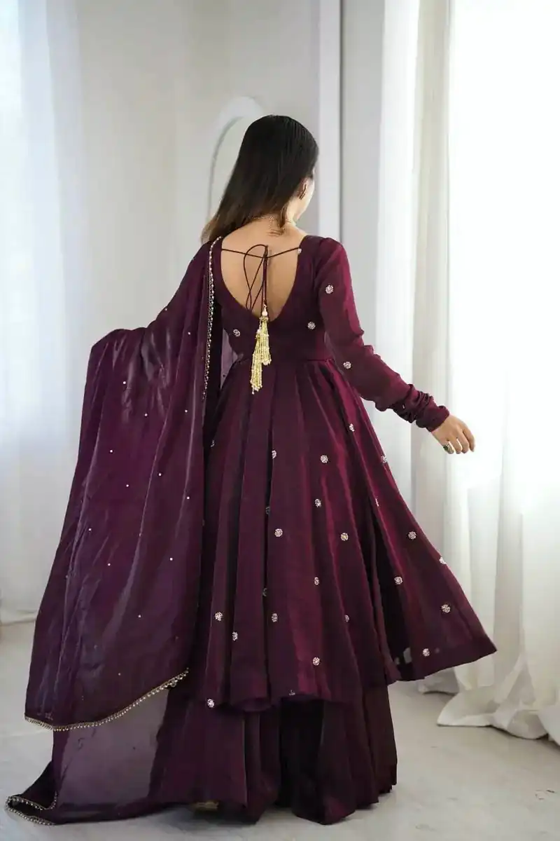 Graceful Wine Crunchy Silk Embroidery Work Gown - Image 2