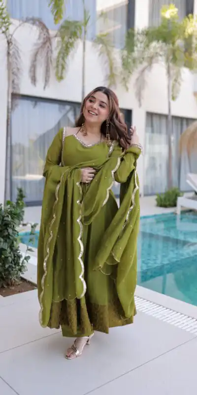 Lovely Mehendi Mul Chanderi Mirror Lace Work Anarkali Suit