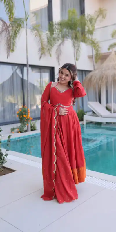 Lovely Red Mul Chanderi Mirror Lace Work Anarkali Suit
