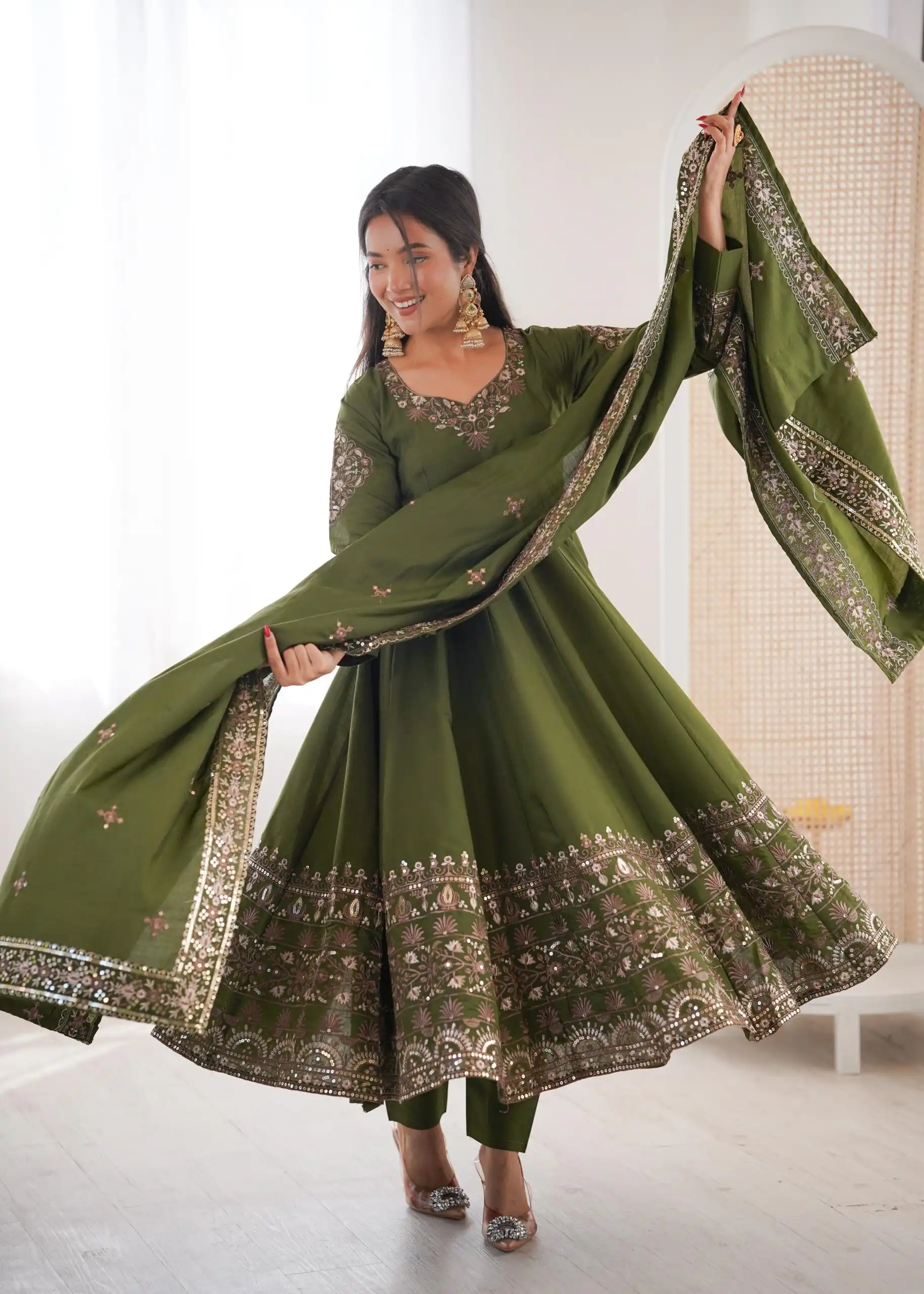 Nice Mehendi Roman Silk Embroidery Work Gown - Image 9