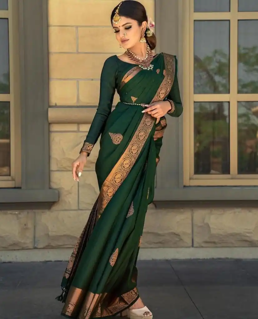 Pretty Green Lichi Silk Jacquard Work Saree - Image 3
