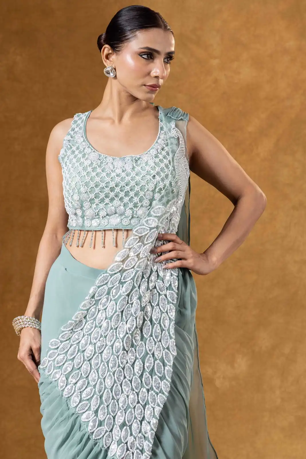 Pretty Grey Faux Georgette Embroider Work Saree - Image 3