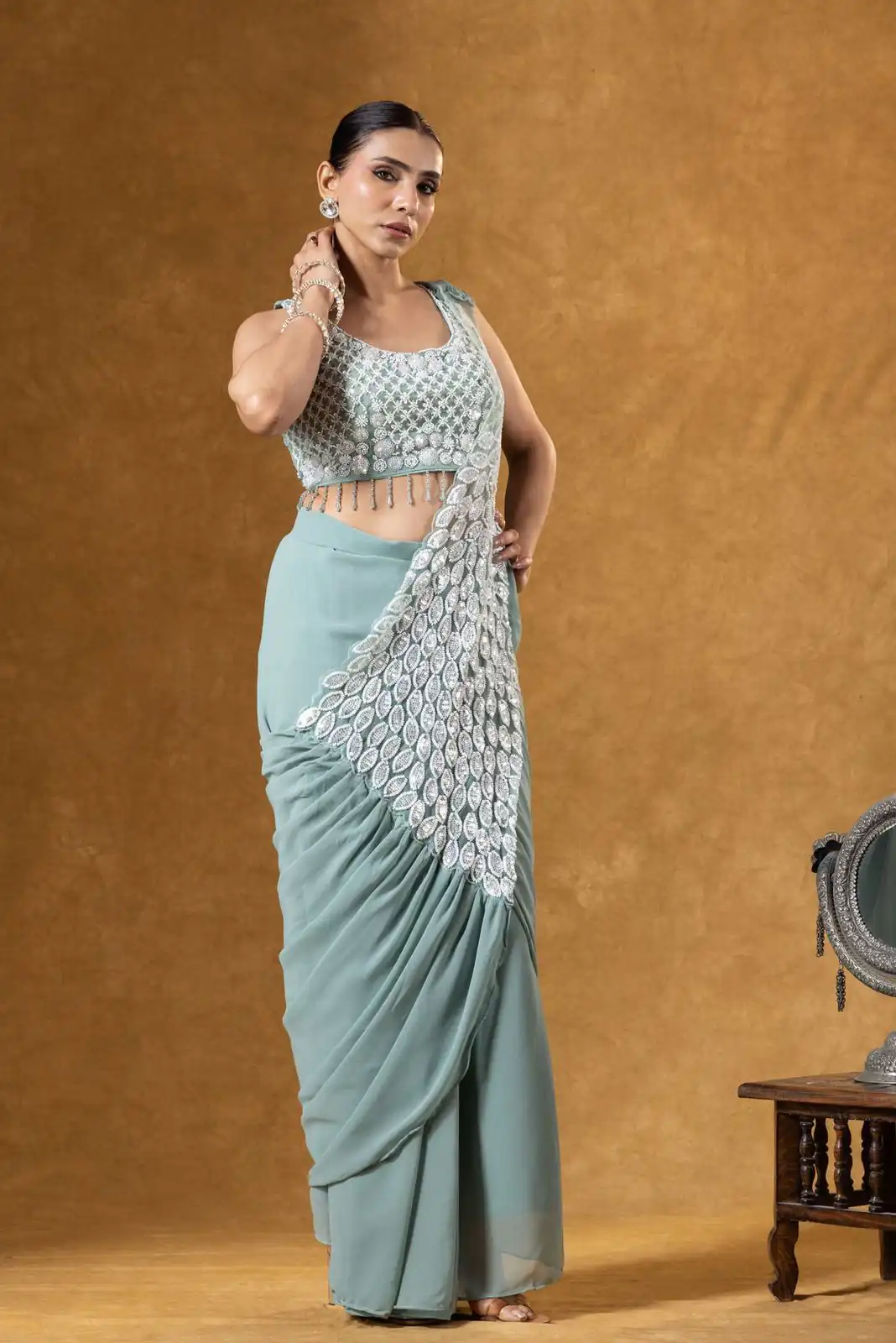 Pretty Grey Faux Georgette Embroider Work Saree - Image 2