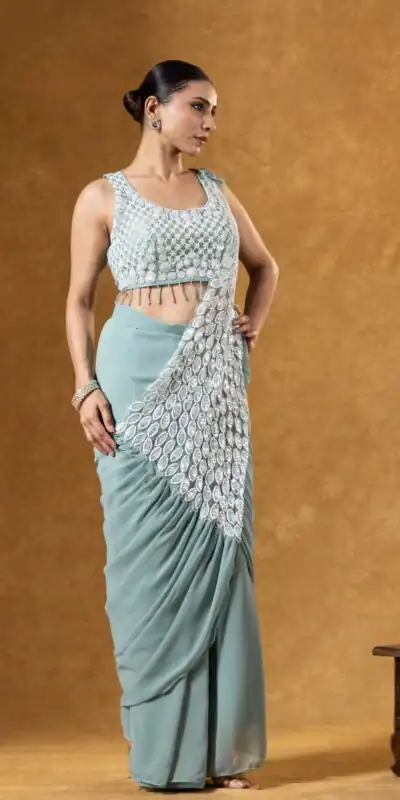Pretty Grey Faux Georgette Embroider Work Saree