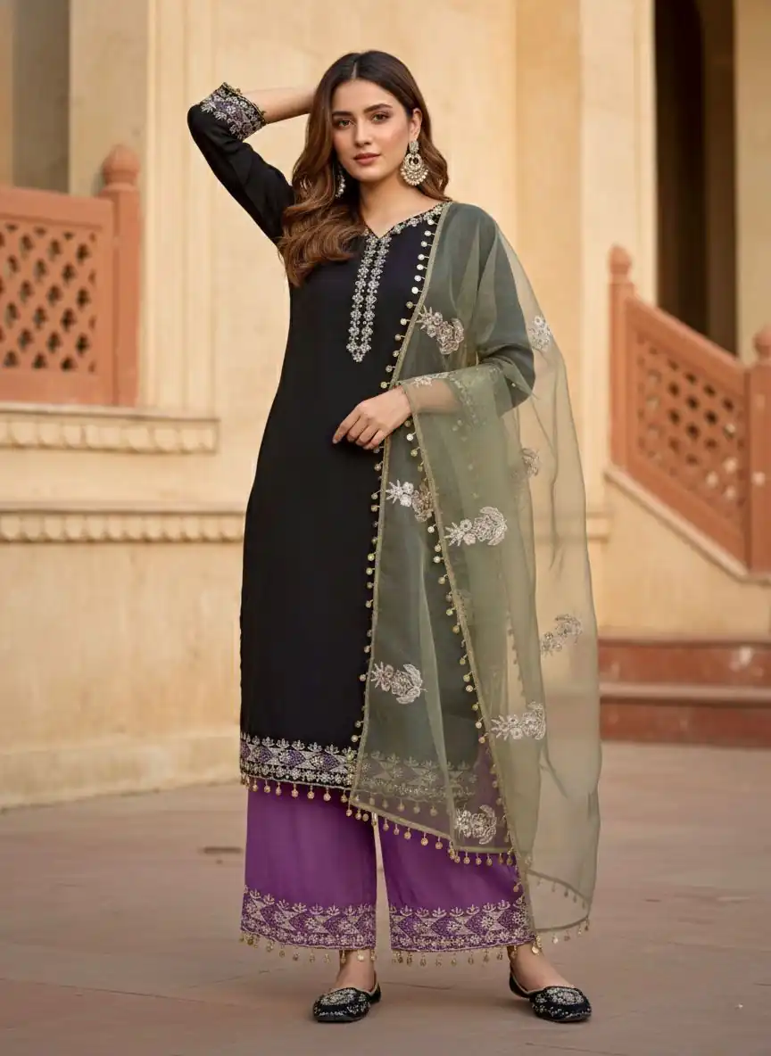 Shiny Black Roman Silk Sequence Work Salwar Suit - Image 3