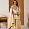 Shiny Cream Roman Silk Diamond Work Salwar Suit