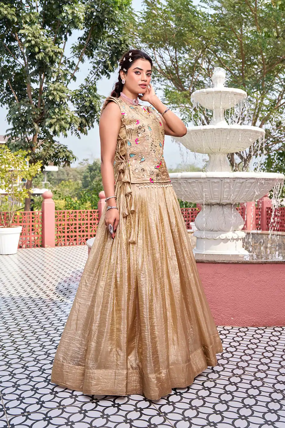 Solid Chiku Gold Crush Embroider Work Lehenga Choli