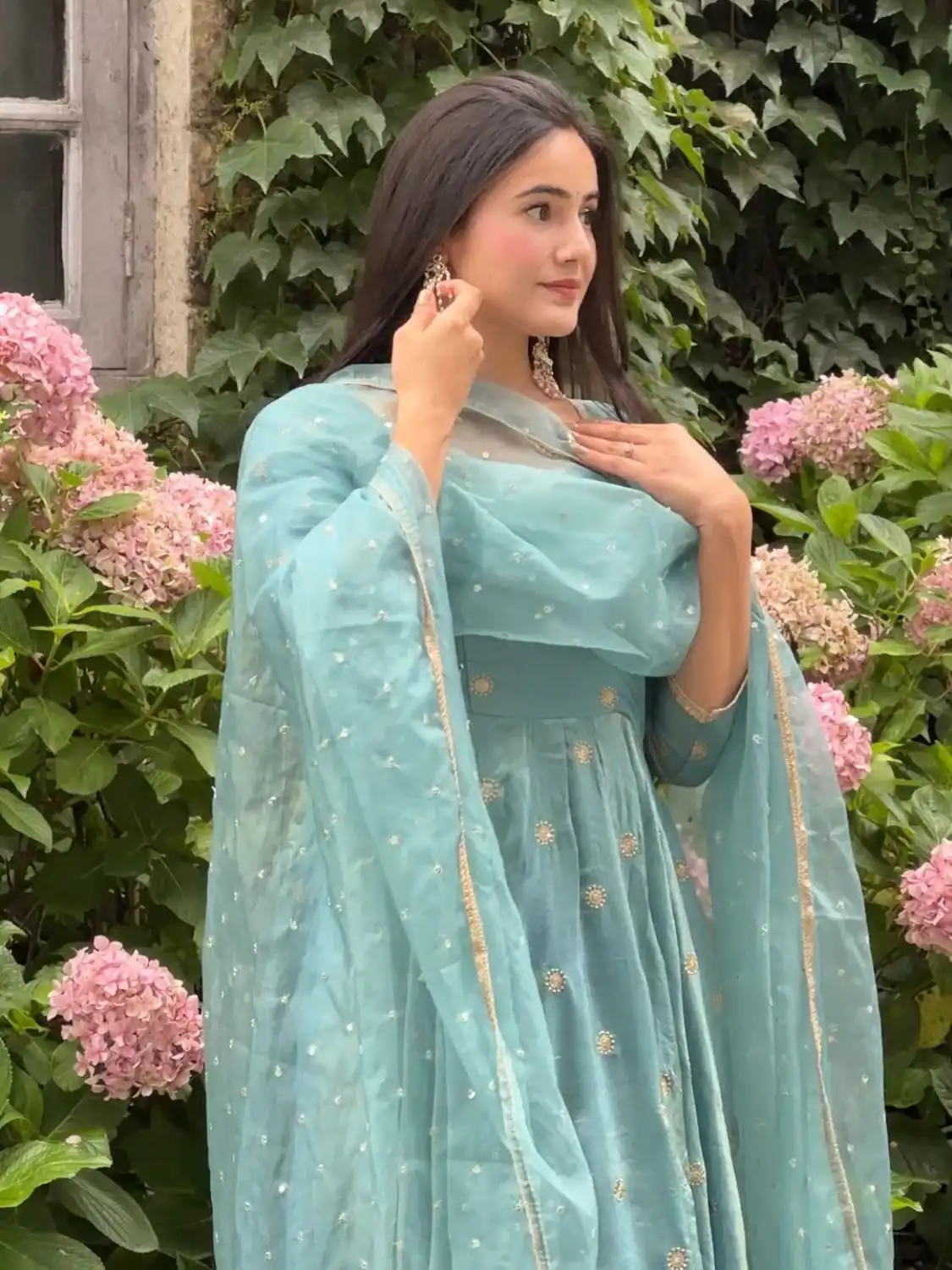 Solid Sky Blue Vichitra Silk Sequence Work Gown - Image 8