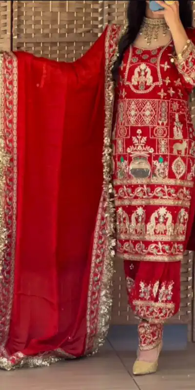 Stylish Red Natural Crepe Sequence Work Salwar Suit